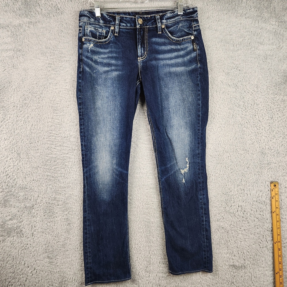 Silver Jeans Elyse Straight Jeans Womens 28 Medium Wash Mid Rise Distressed Logo